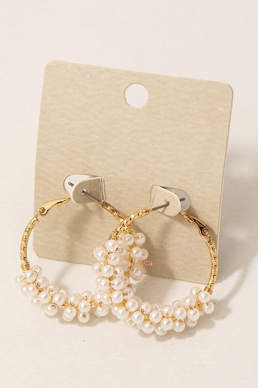 Pearl Cluster Beaded Latch Hoop Earrings