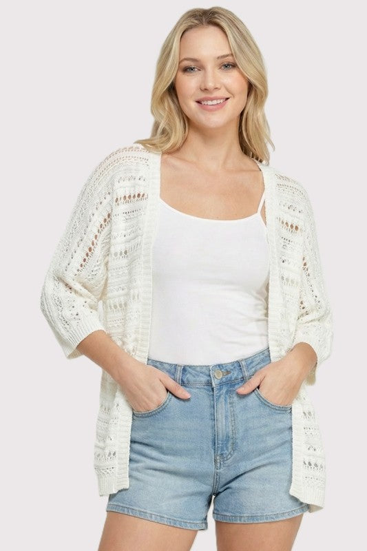 Solid Crochet Short Dolman Sleeve Cardigan