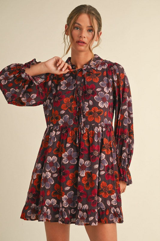 Floral Tie Front Collared Long Sleeve Dress - Brown