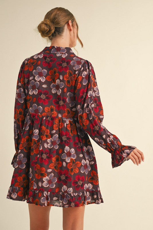 Floral Tie Front Collared Long Sleeve Dress - Brown