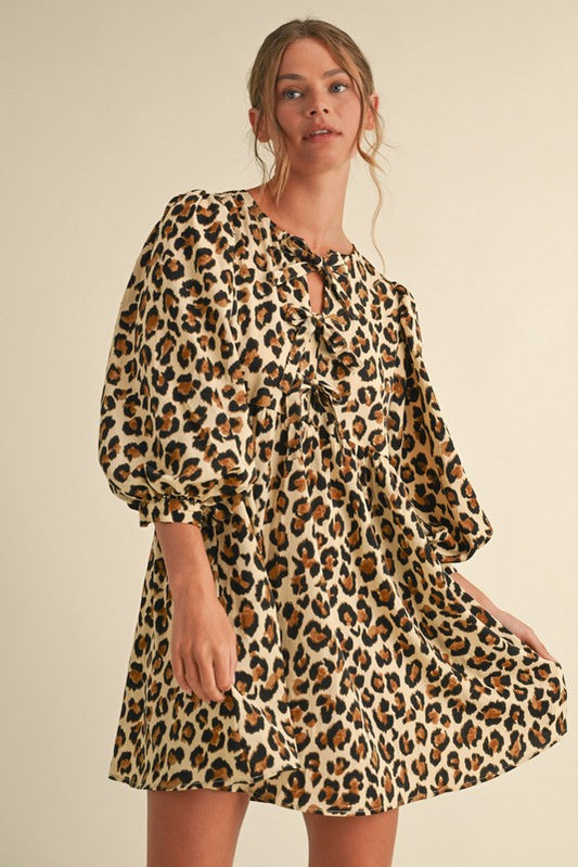 Leopard Bow Detail Puff 3/4 Sleeve Dress - Oatmeal