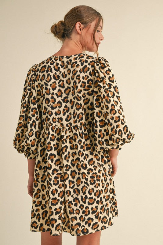 Leopard Bow Detail Puff 3/4 Sleeve Dress - Oatmeal