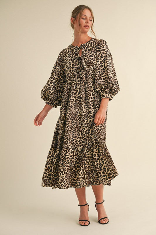 Leopard Bow Ties 3/4 Sleeve Midi Dress-Taupe