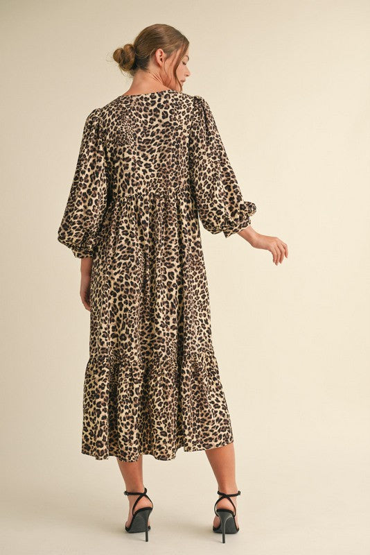 Leopard Bow Ties 3/4 Sleeve Midi Dress-Taupe