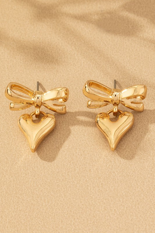 Bow & Puffy Heart Drop Earring-Gold