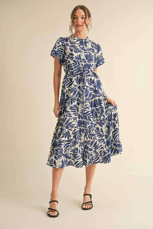 Leaf Print Button Tie Waist Tiered Dress-Navy