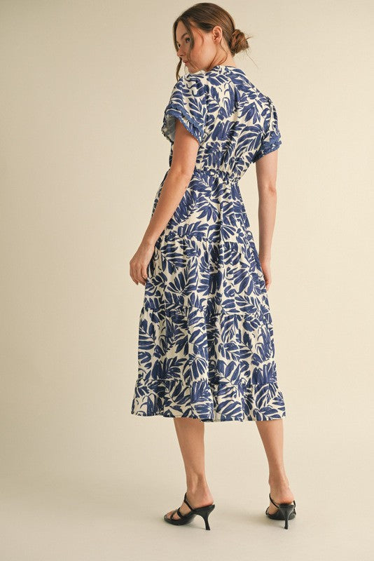 Leaf Print Button Tie Waist Tiered Dress-Navy