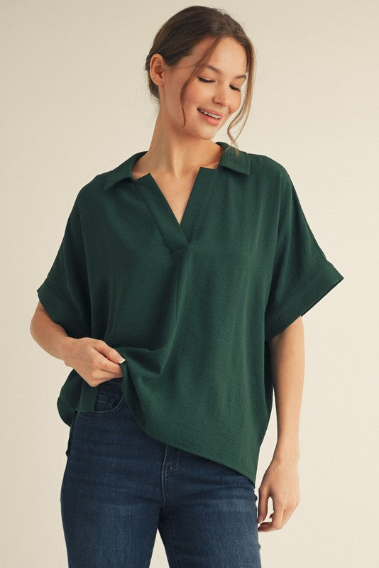 Solid Collared V-Neck Dolman Sleeve Top -Fall