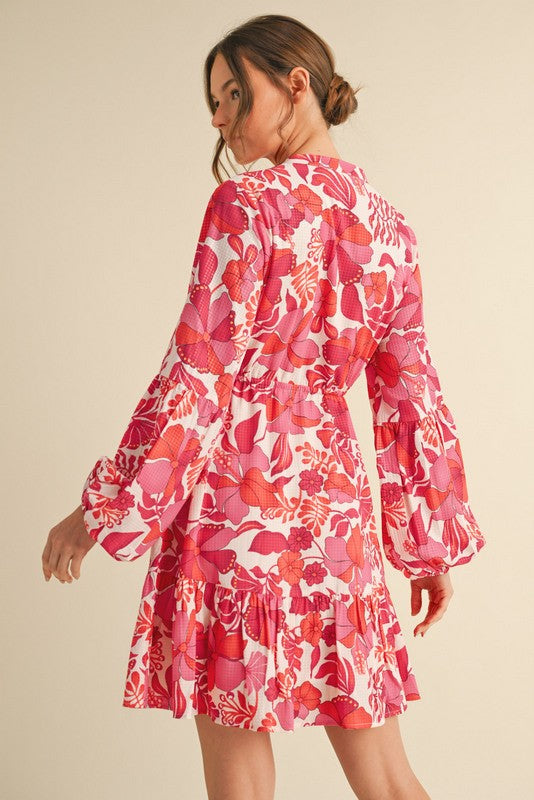 Floral Peasant Sleeve Ruffle Hem Dress-Pink