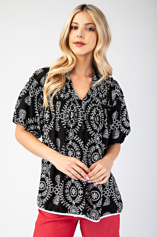 Floral Vine Print V-Neck Puff Sleeve Top-Black