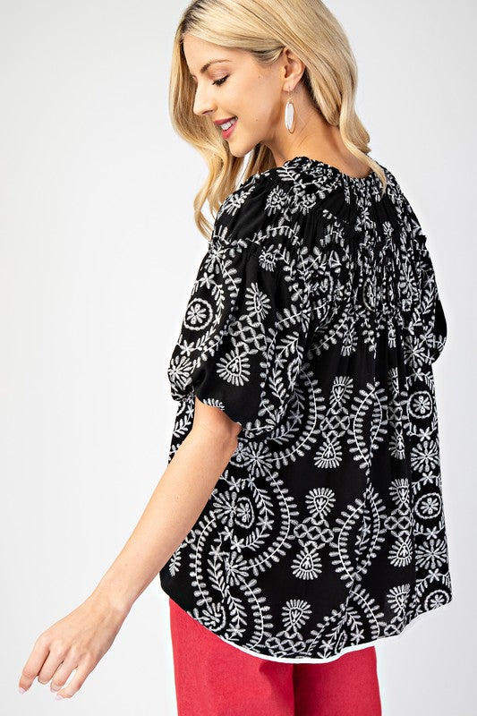 Floral Vine Print V-Neck Puff Sleeve Top-Black