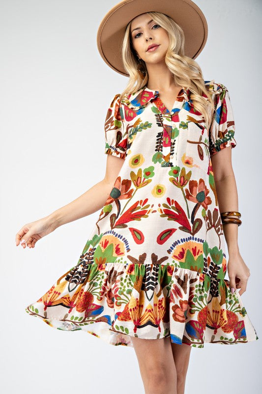 Geo Floral Peter Pan Collared Gathered Sleeve Dress-Brown
