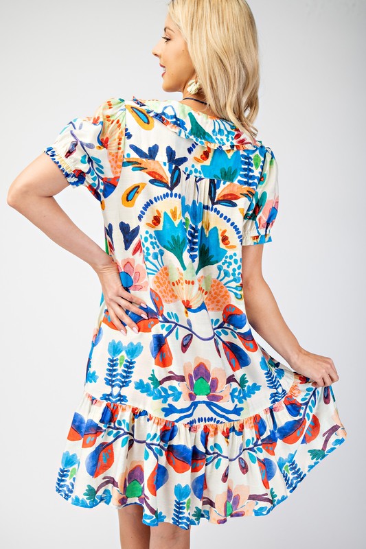 Geo Floral Peter Pan Collared Gathered Sleeve Dress-Multi