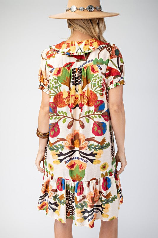 Geo Floral Peter Pan Collared Gathered Sleeve Dress-Brown