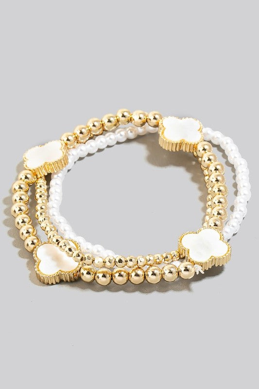 Clover Gold Ball Bead Pearl Bracelet Set