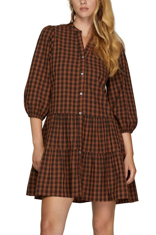 Plaid 3/4 Sleeve Button Detail Tiered Dress