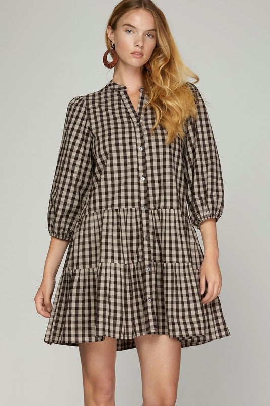 Plaid 3/4 Sleeve Button Detail Tiered Dress