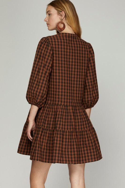 Plaid 3/4 Sleeve Button Detail Tiered Dress