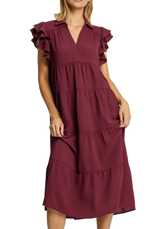 Solid Collared Split Neck Tiered Midi Dress