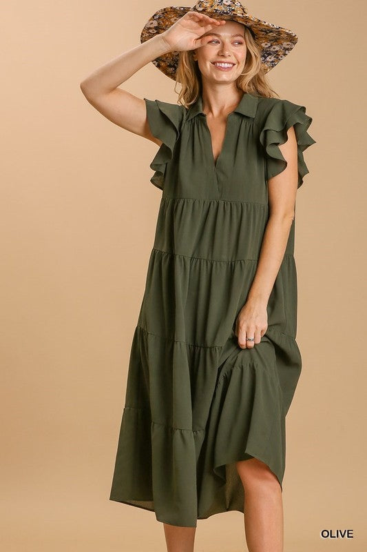 Solid Collared Split Neck Tiered Midi Dress