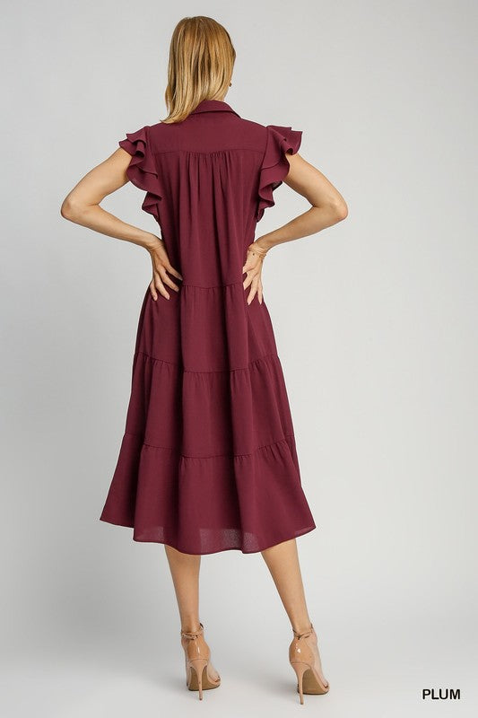 Solid Collared Split Neck Tiered Midi Dress