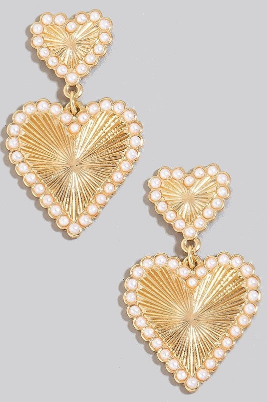 Pearl Studded Textured Hearts Drop Earring-Gold