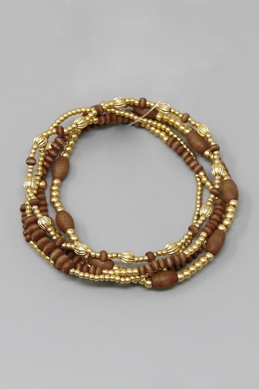 Wood & Matte Metal Beaded Bracelet Set