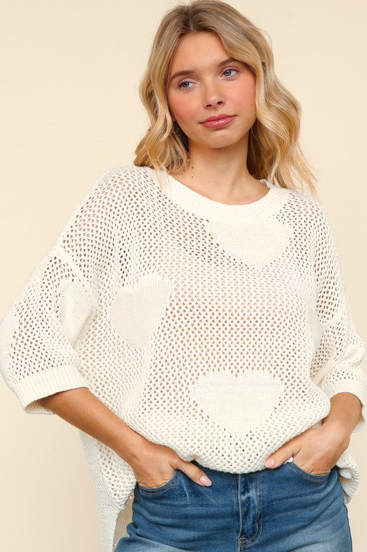 Heart Netted Crochet 3/4 Sleeve Sweater