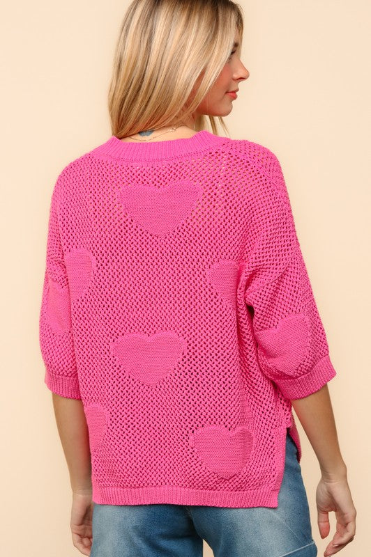 Heart Netted Crochet 3/4 Sleeve Sweater