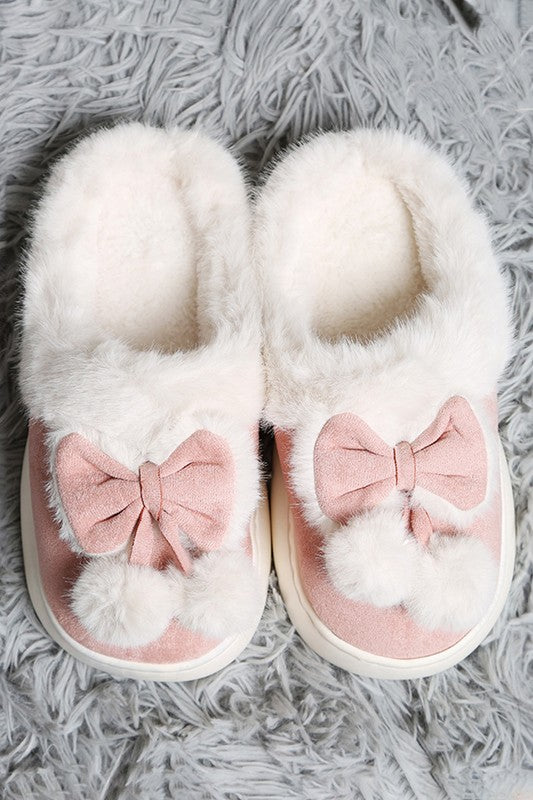 Fur Pom Pom Bow Slippers-Pink