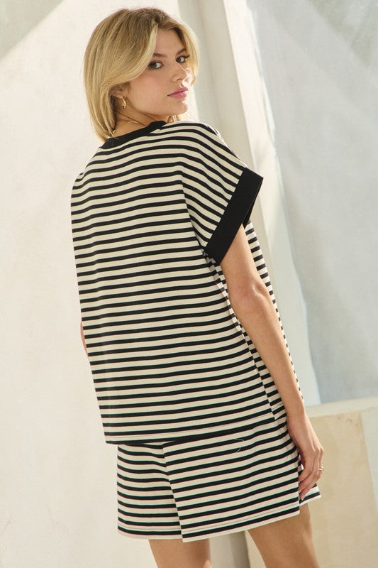 Striped Contrast Pocket Shirt & Shorts Set-Blk/Wht