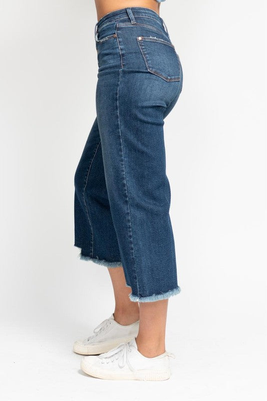 High Waist Button Fly Destroy Hem Crop Wide Leg Denim