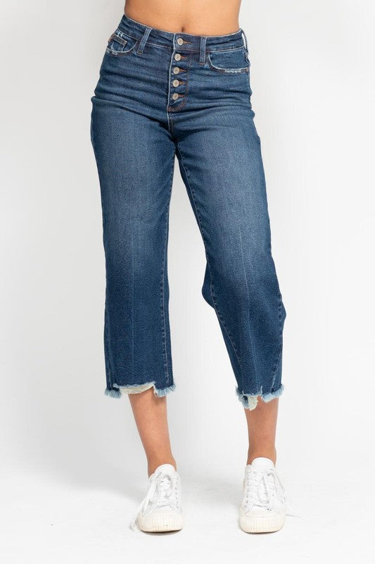 High Waist Button Fly Destroy Hem Crop Wide Leg Denim