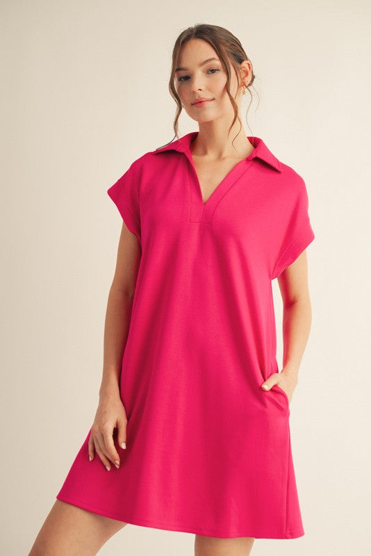 Solid Collared V-Neck Pleat Back Dress-Spring