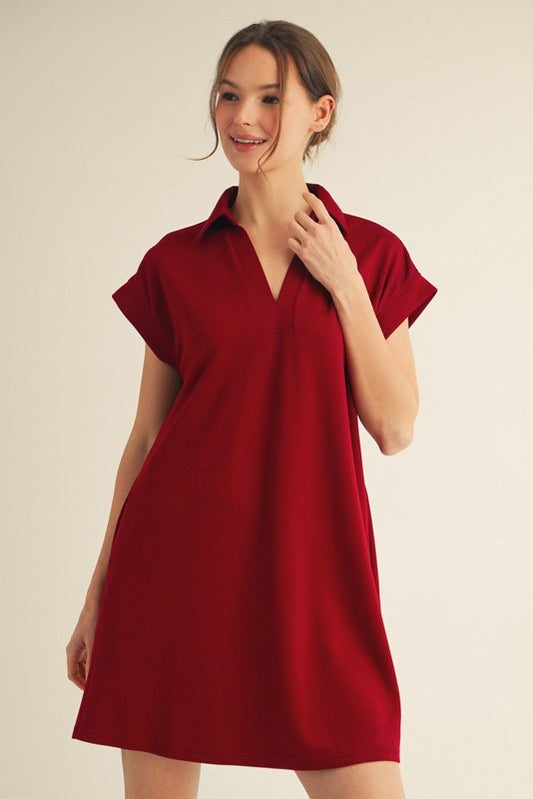 Solid Collared V-Neck Pleat Back Dress