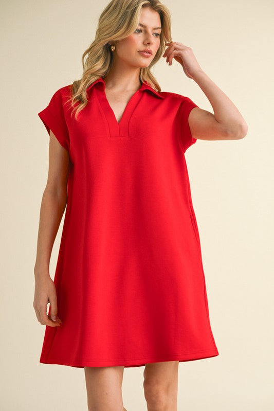 Solid Collared V-Neck Pleat Back Dress-Spring