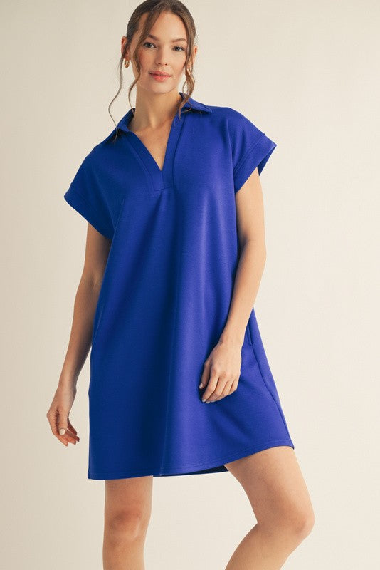Solid Collared V-Neck Pleat Back Dress-Spring