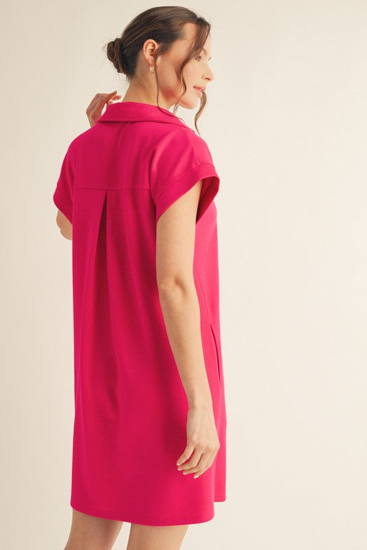 Solid Collared V-Neck Pleat Back Dress-Spring