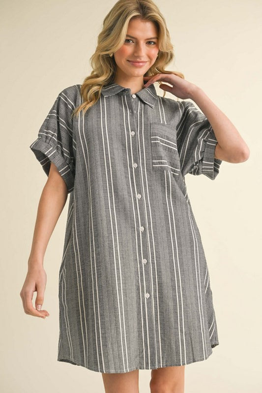Vertical Striped Button Down Pocket Dress-Black