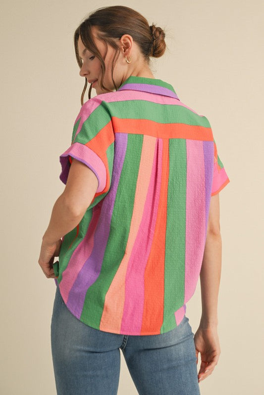 Mixed Stripes Collared Button Down Pocket Top