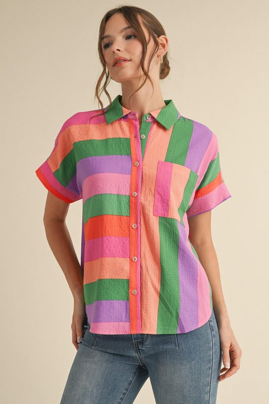 Mixed Stripes Collared Button Down Pocket Top