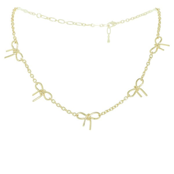 Stationary Gold Bow Chain Necklace-Gold