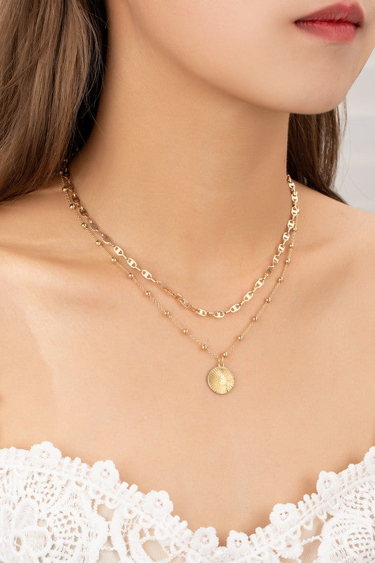 Layered Marina Chain & Sun Charm Necklace-Gold