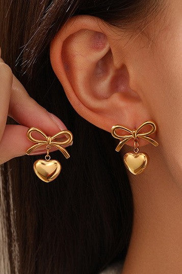 Flat Heart Drop Bow Post Earring-Gold