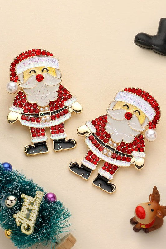 Pearl & Rhinestone Santa Post Earring-Red