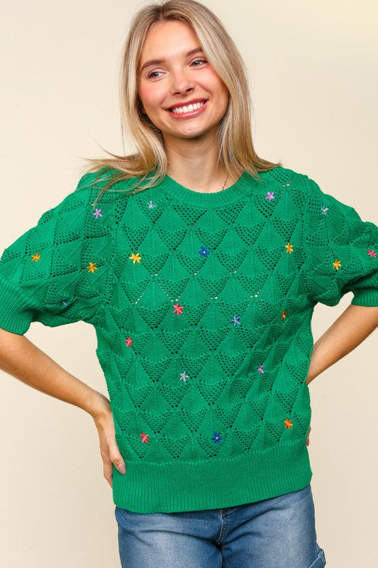 Flower Embroidered Crochet Short Sleeve Sweater-Green