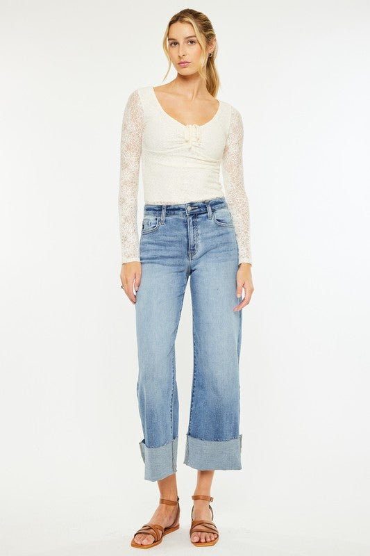 High Rise Crop Folded Raw Wide Hem Denim