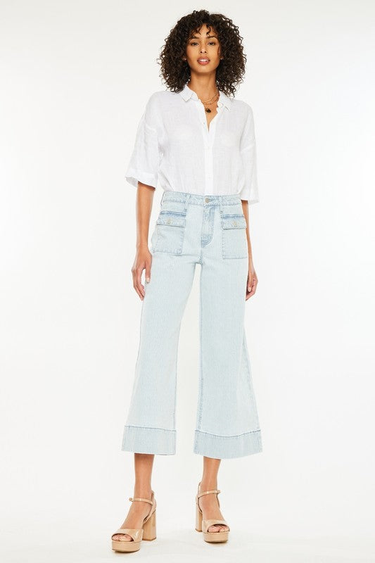 Pinstripe Patch Pocket Crop Wide Hem Denim-Light