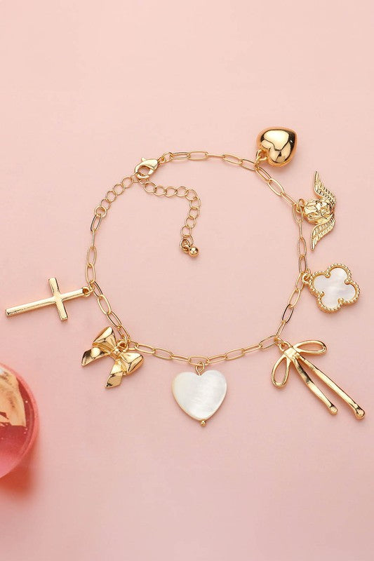 Mother of Pearl Heart, Quatrefoil,Bows Charm Bracelet