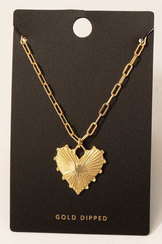 Textured Studded Heart Chain Necklace-Gold